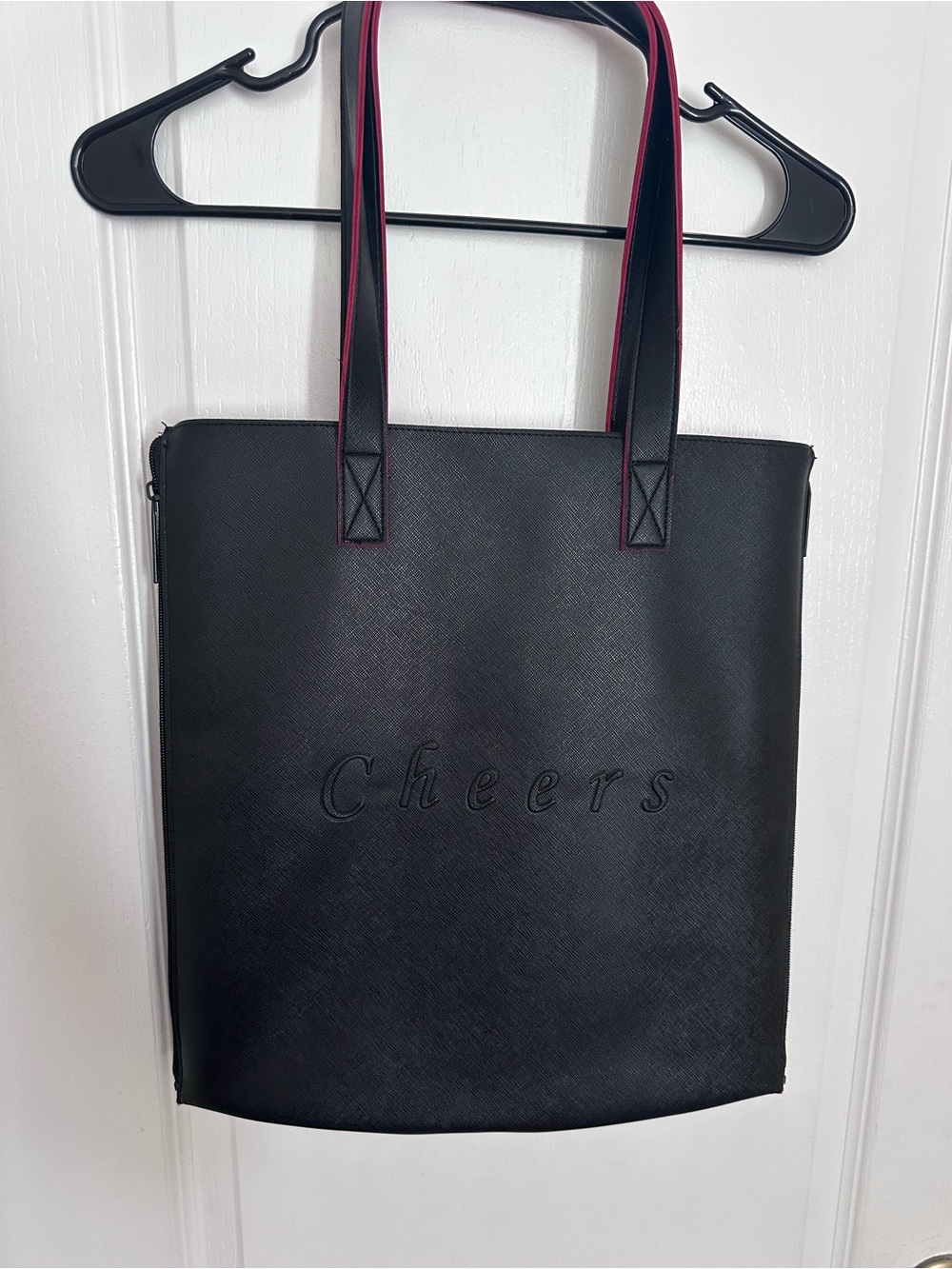 Black Faux Leather "Cheers" Tote Bag Expandable Side Zippers Pink Lining